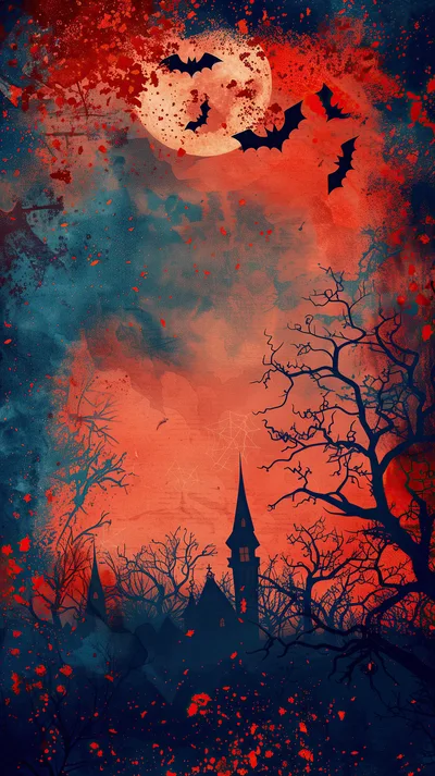 Spooky Halloween Landscape With Haunted Church And Bats