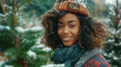 Young Woman Smiling In Snowy Christmas Tree Farm