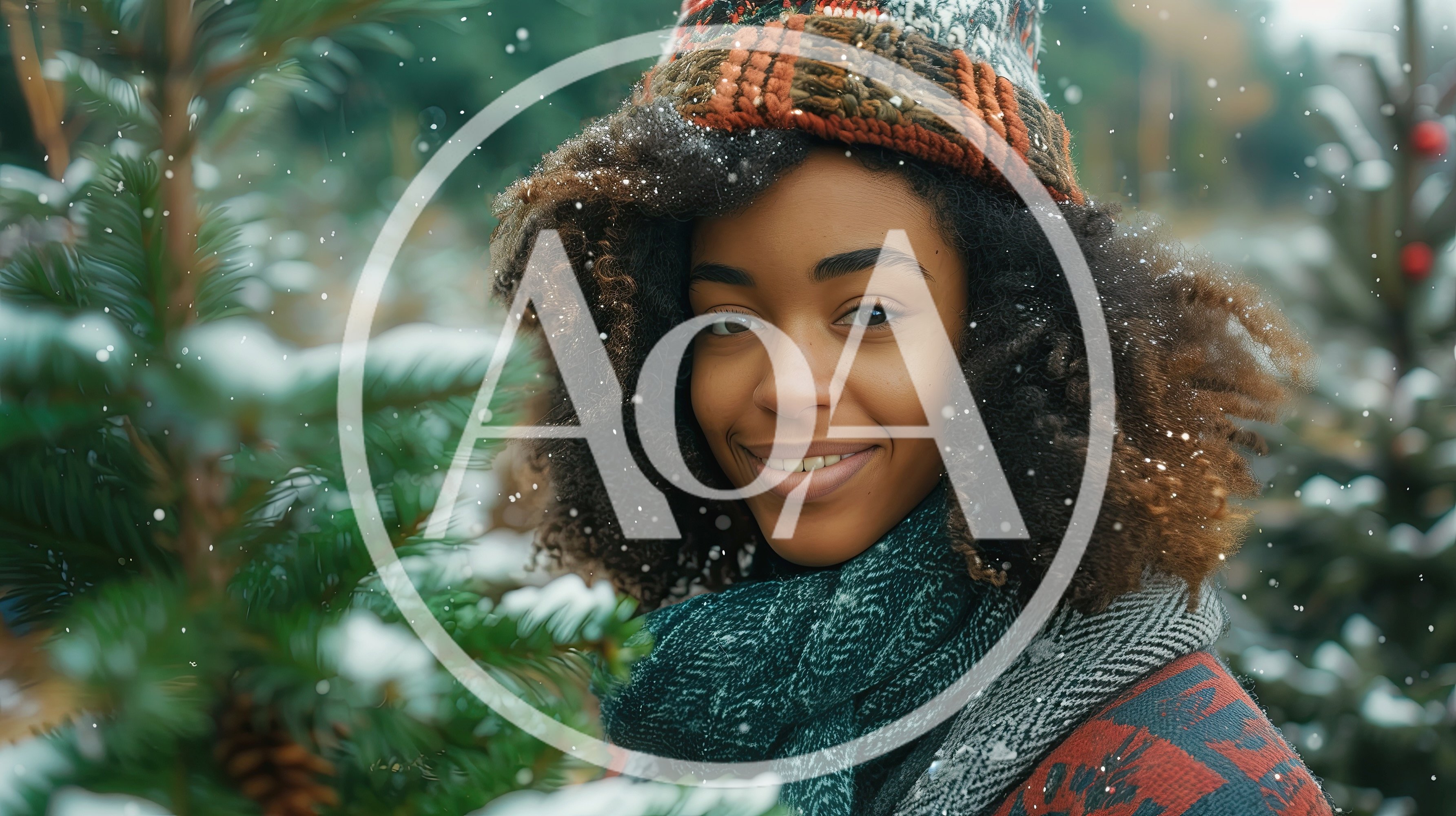 Young Woman Smiling In Snowy Christmas Tree Farm