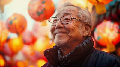 Elderly Asian Man Smiling Amidst Traditional Chinese Lanterns