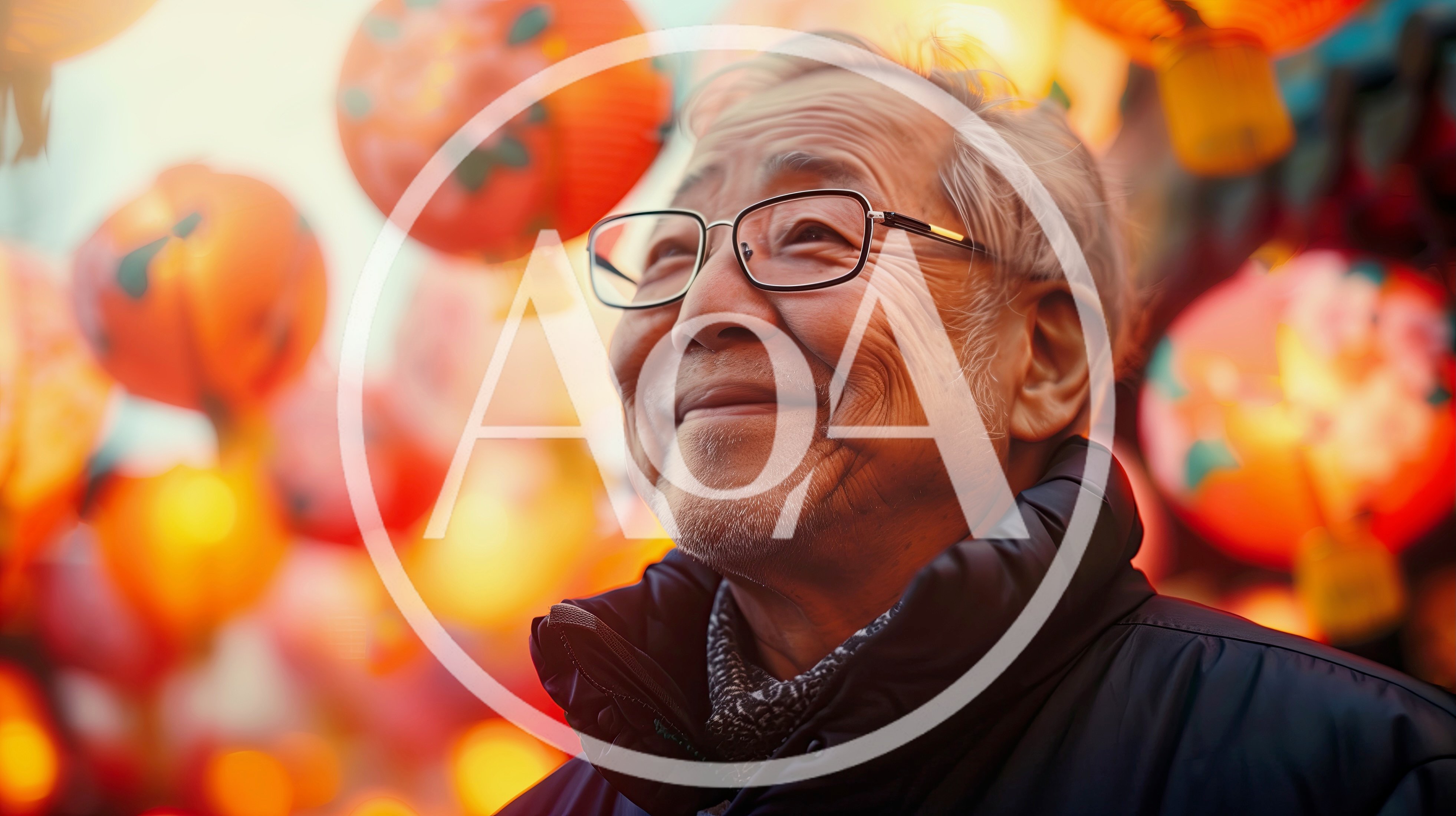 Elderly Asian Man Smiling Amidst Traditional Chinese Lanterns