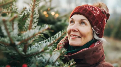 Mature Woman Choosing A Christmas Tree Outdoors