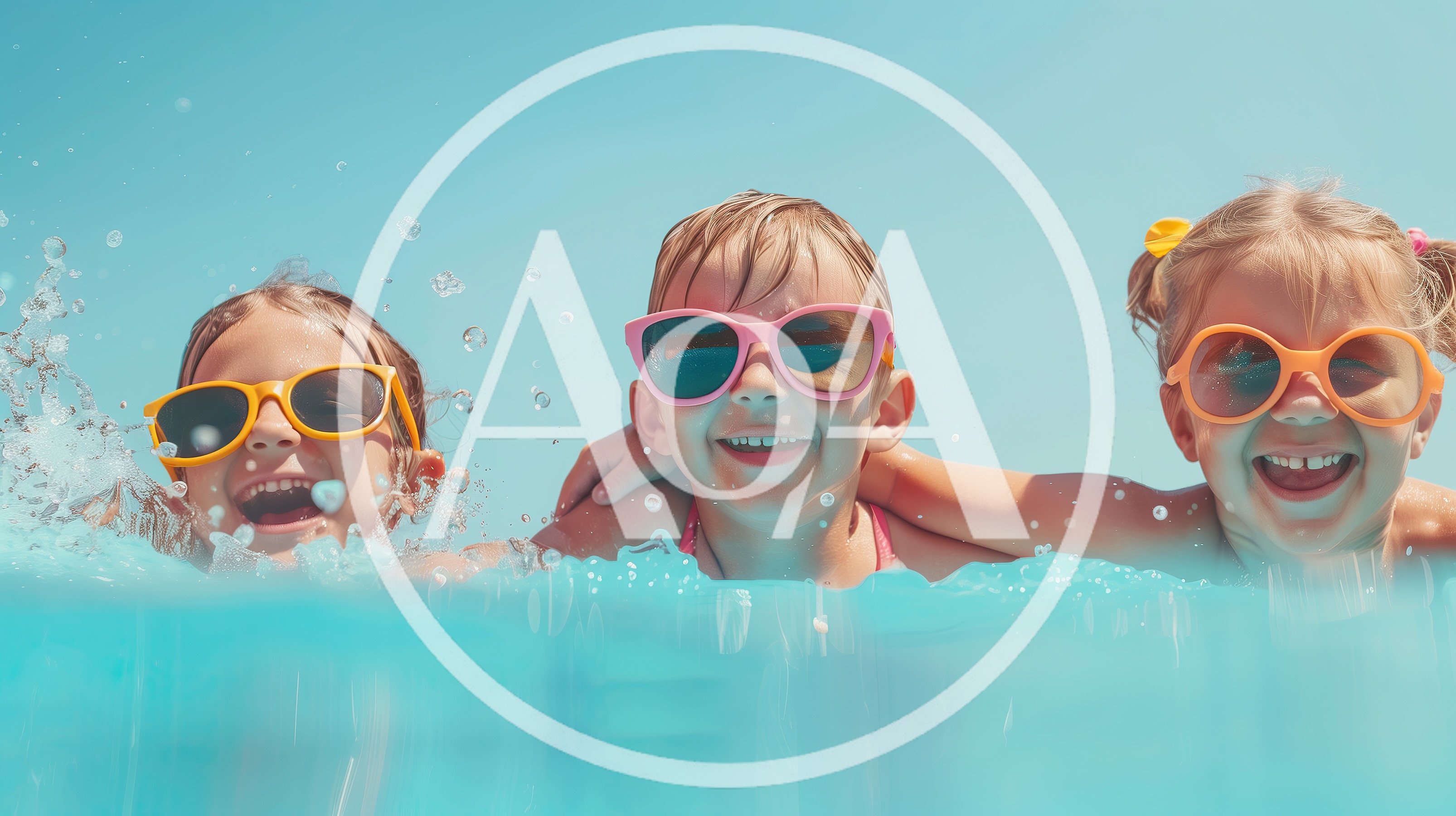 Three Happy Children Playing in Swimming Pool