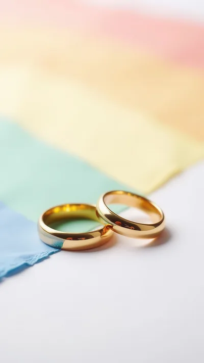 Two Gold Wedding Rings On A Rainbow Pride Flag