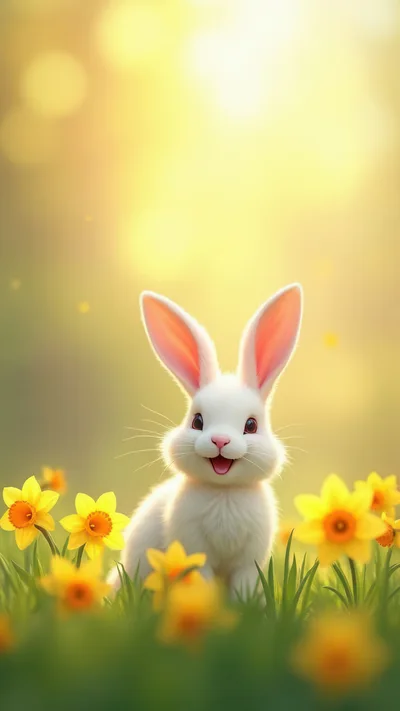 Cute White Bunny Sitting In A Field Of Daffodils