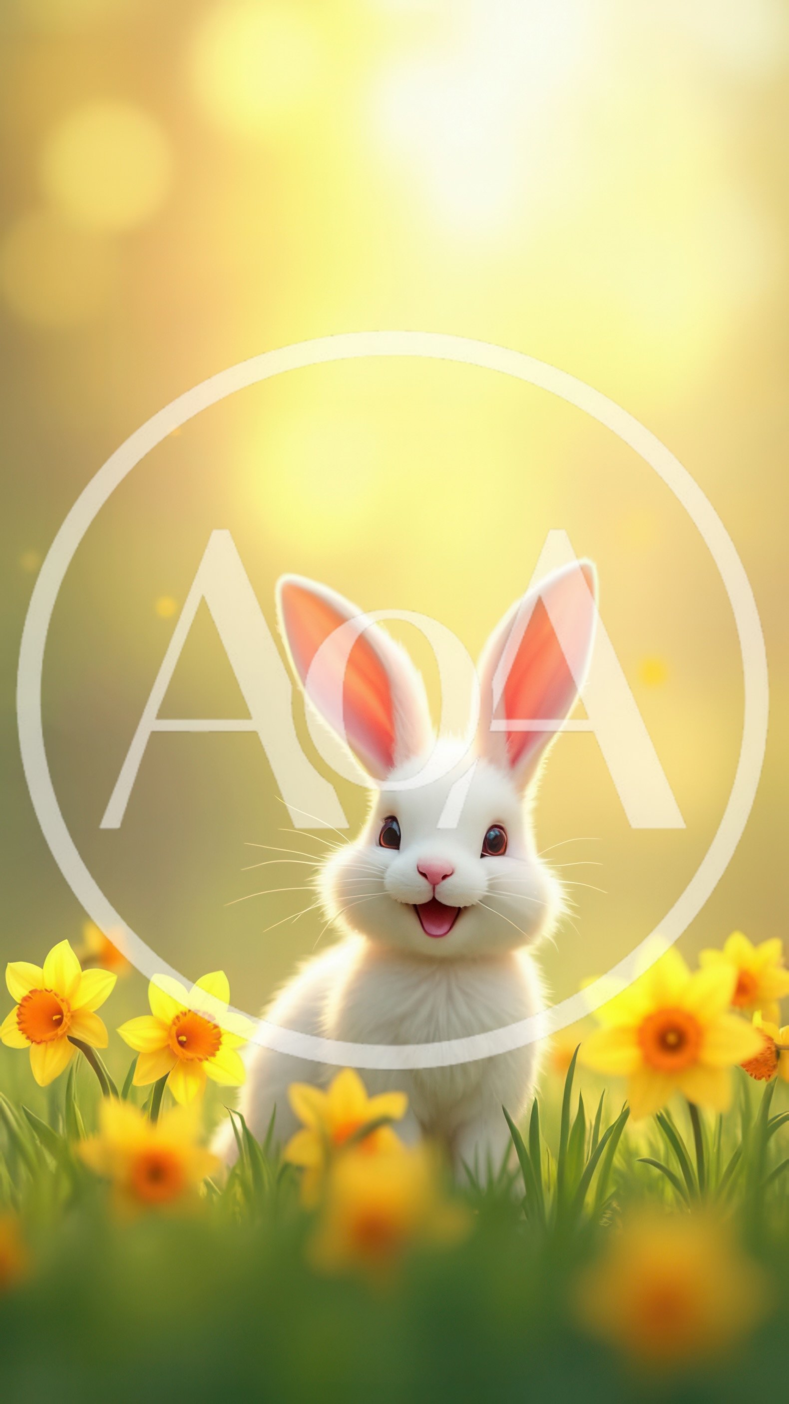 Cute White Bunny Sitting In A Field Of Daffodils