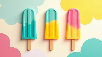 Three Colorful Popsicles Against Pastel Cloud Background
