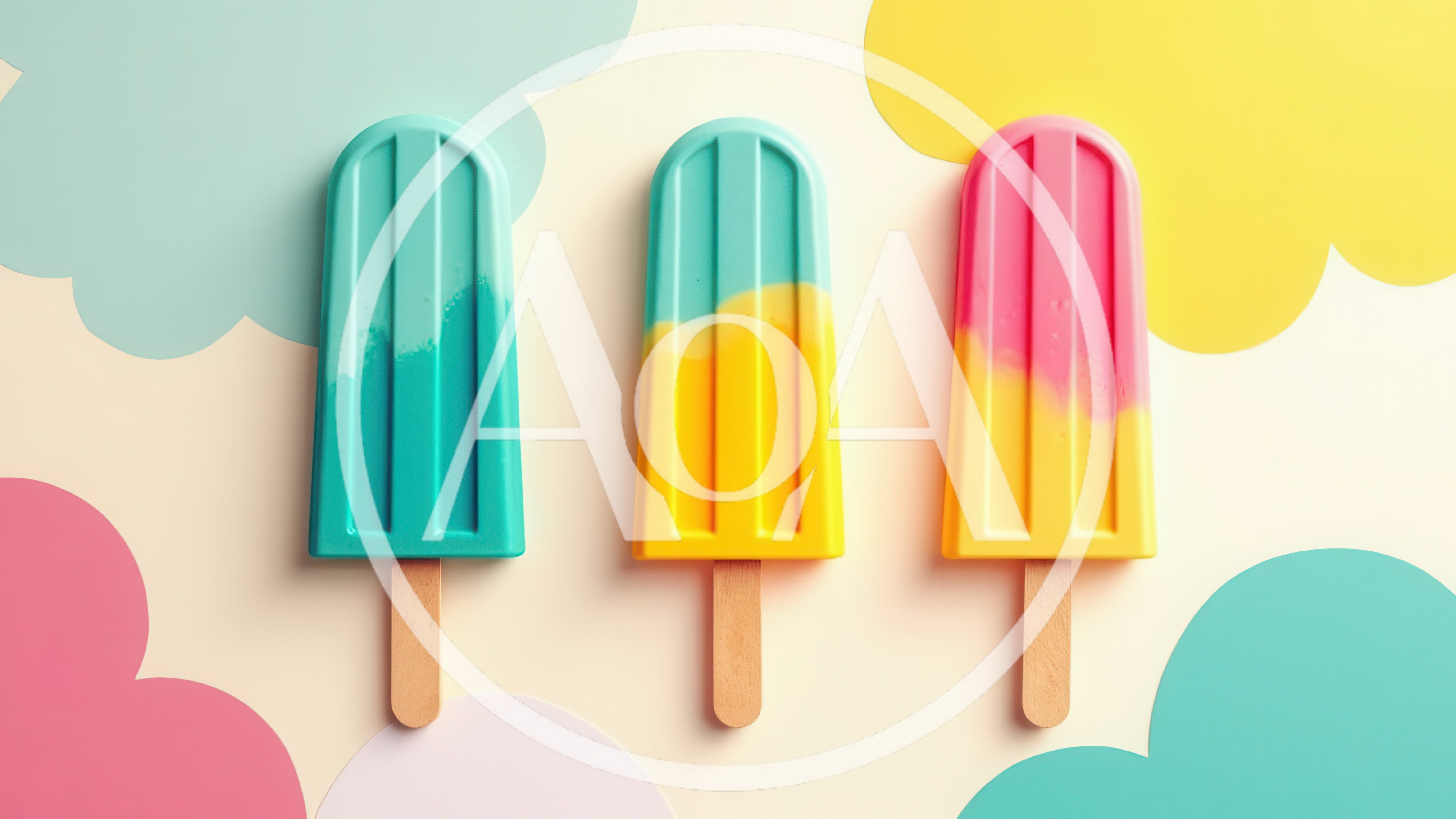 Three Colorful Popsicles Against Pastel Cloud Background