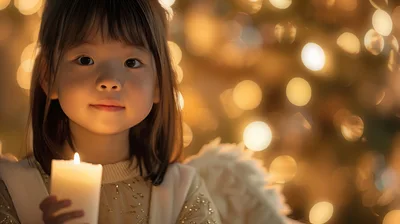 Young Girl Dressed As An Angel Holding A Candle