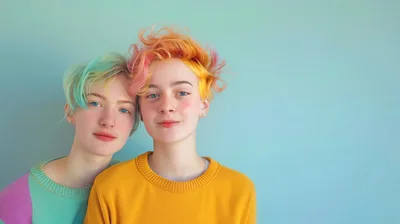 Two Young People With Colorful Hair Posing Together