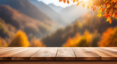 Empty Wooden Table With Blurred Autumn Mountain Background