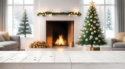 White Wooden Table Surface In Cozy Christmas Living Room
