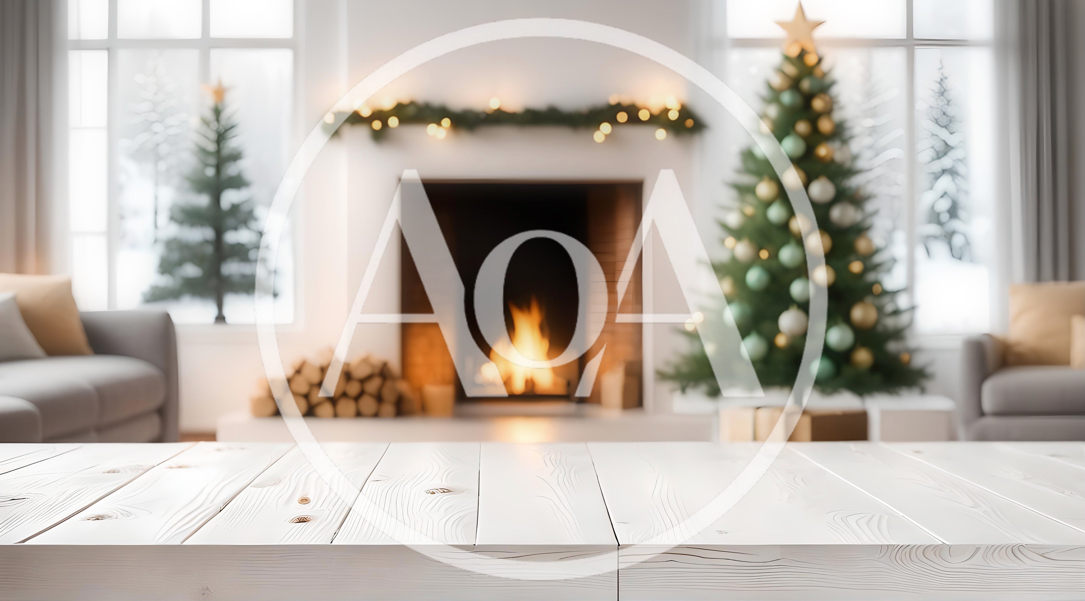 White Wooden Table Surface In Cozy Christmas Living Room