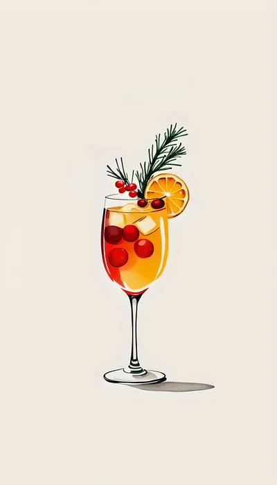 Illustrated Holiday Cocktail With Cranberries And Rosemary