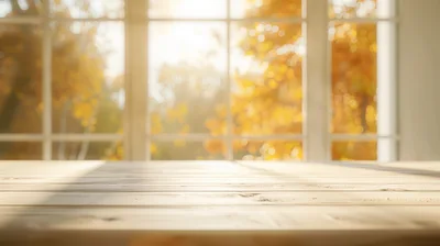 Empty Wooden Table In Front Of Blurred Autumn Window