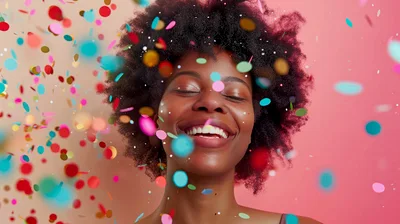Joyful Woman Celebrating With Colorful Confetti