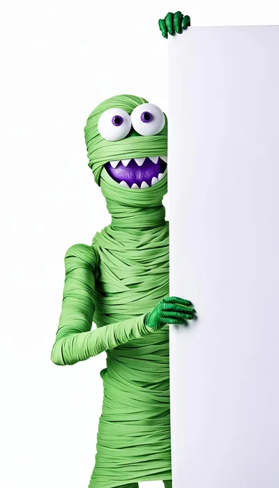 Green Mummy Character Holding A Blank White Sign