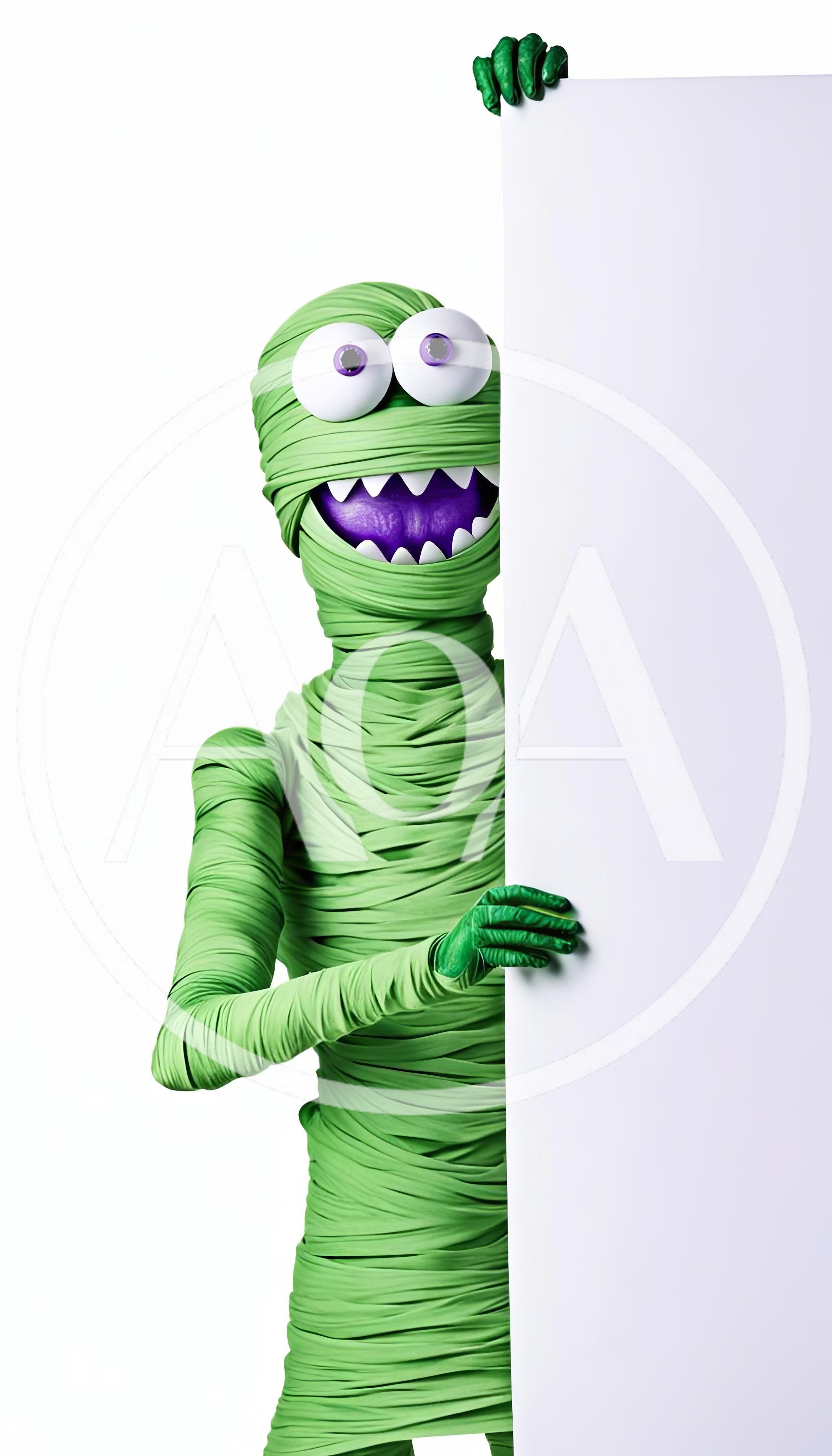Green Mummy Character Holding A Blank White Sign