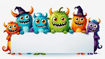 Group of Cute Cartoon Monsters Holding Blank Sign