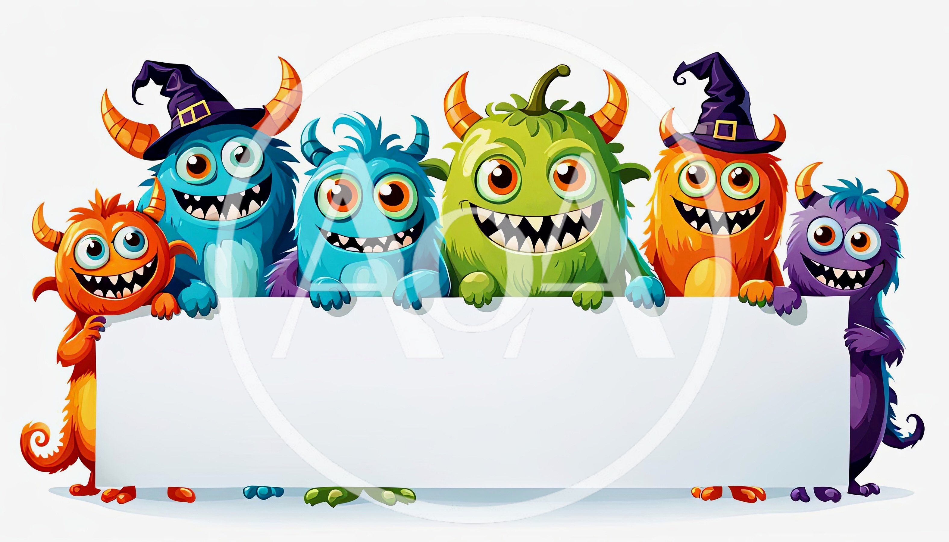 Group of Cute Cartoon Monsters Holding Blank Sign