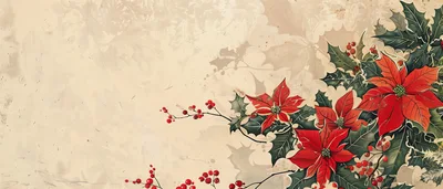 Vintage Christmas Poinsettia and Holly Floral Illustration