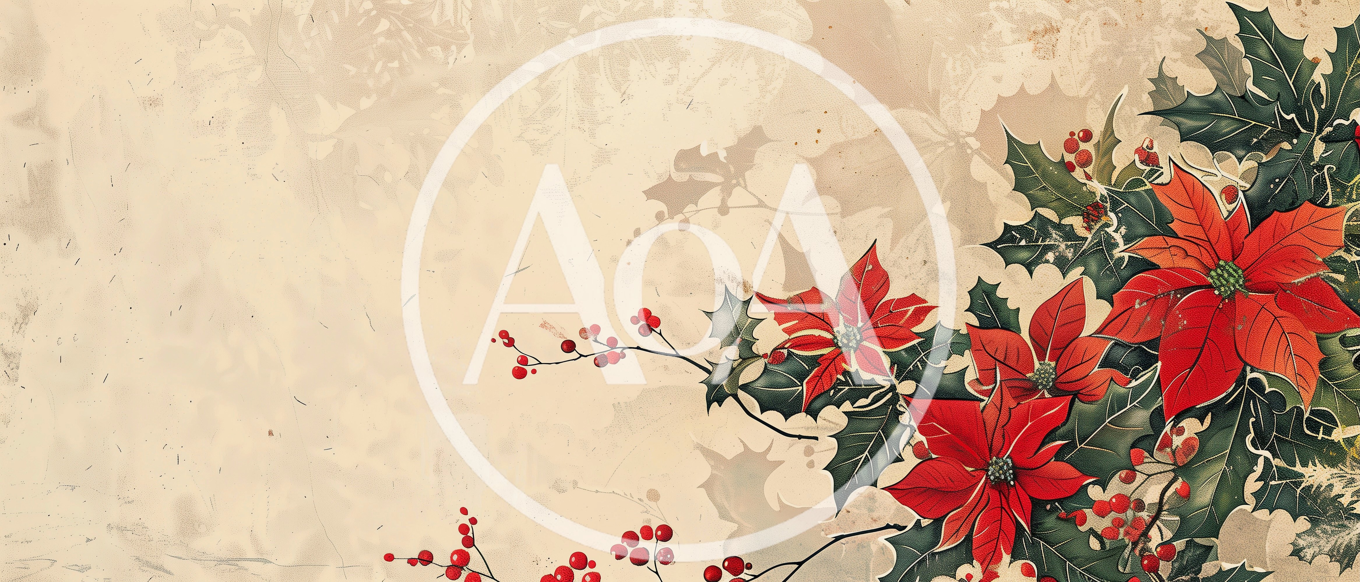 Vintage Christmas Poinsettia and Holly Floral Illustration