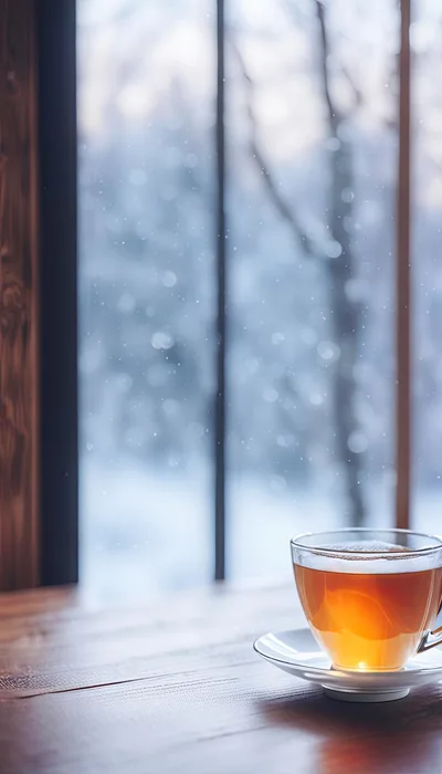 Glass Cup Of Hot Tea By A Snowy Window