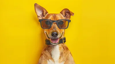 Happy Dog Wearing Glasses Against Yellow Background