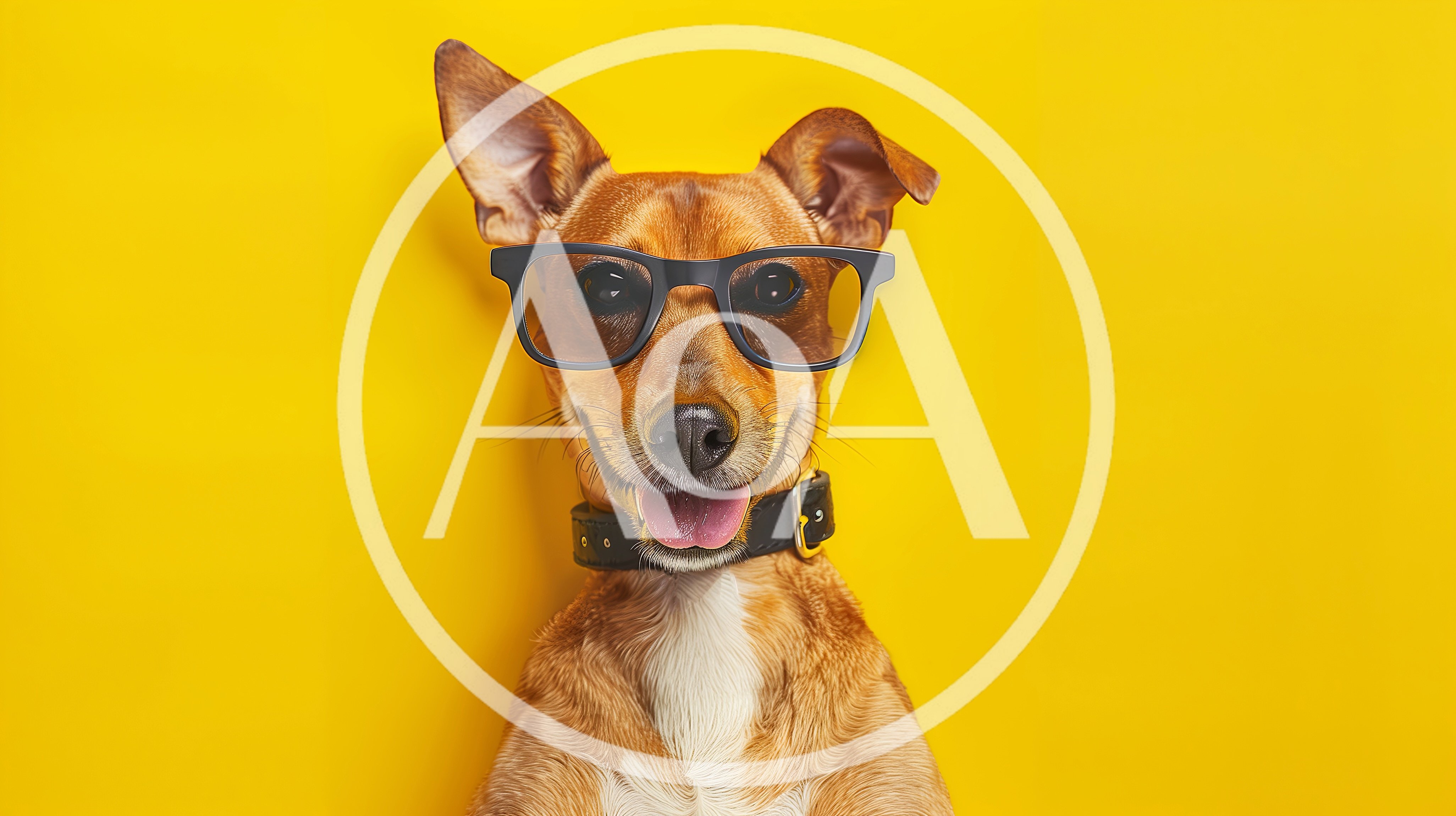 Happy Dog Wearing Glasses Against Yellow Background