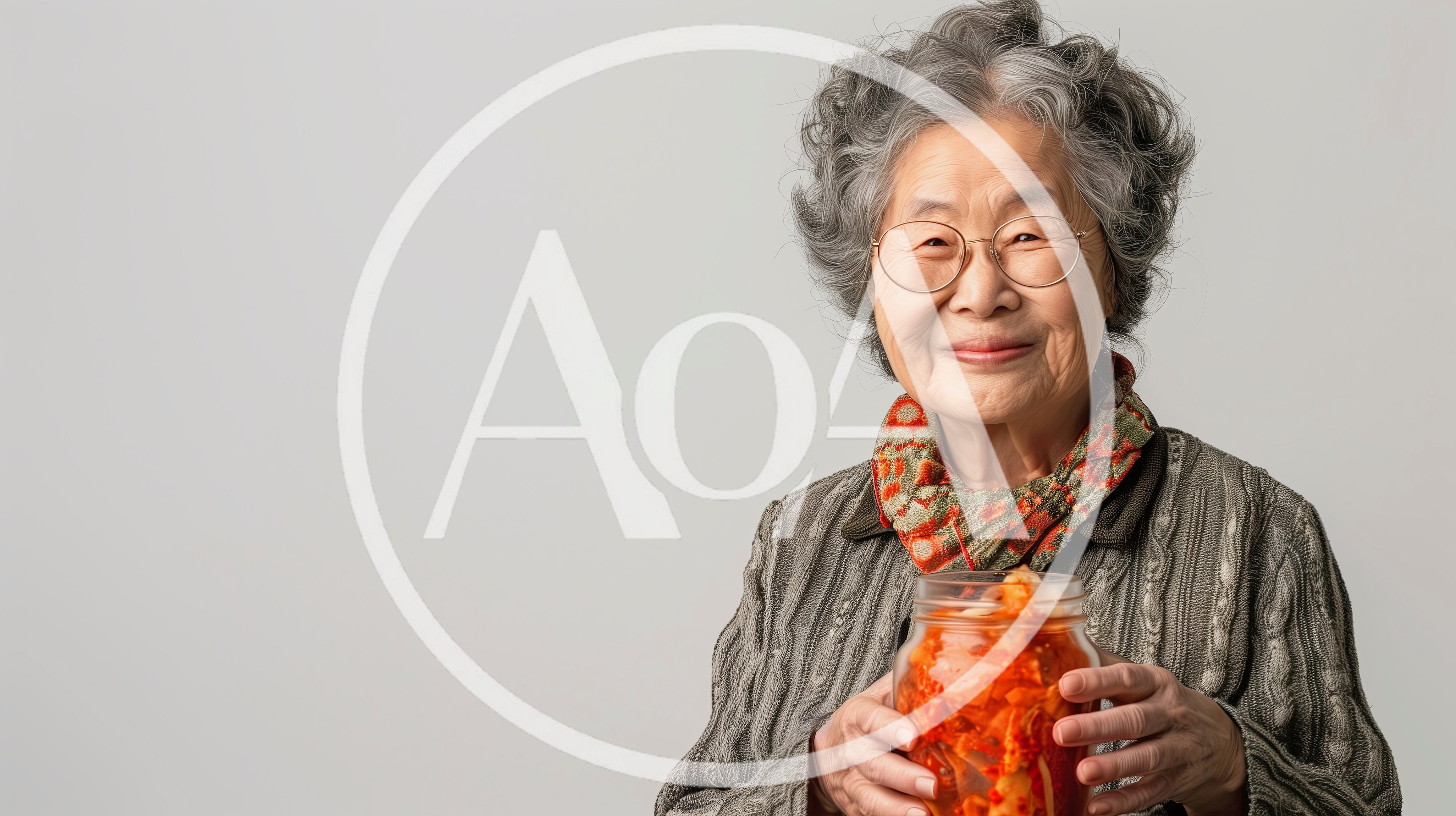 Elderly Asian Woman Holding A Jar Of Kimchi