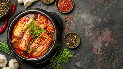 Traditional Korean Kimchi Stew in Black Earthenware Pot