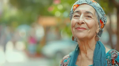 Portrait Of A Smiling Elderly Woman Wearing A Headscarf