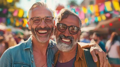 Two Middle Aged Men Smiling Together At A Festival