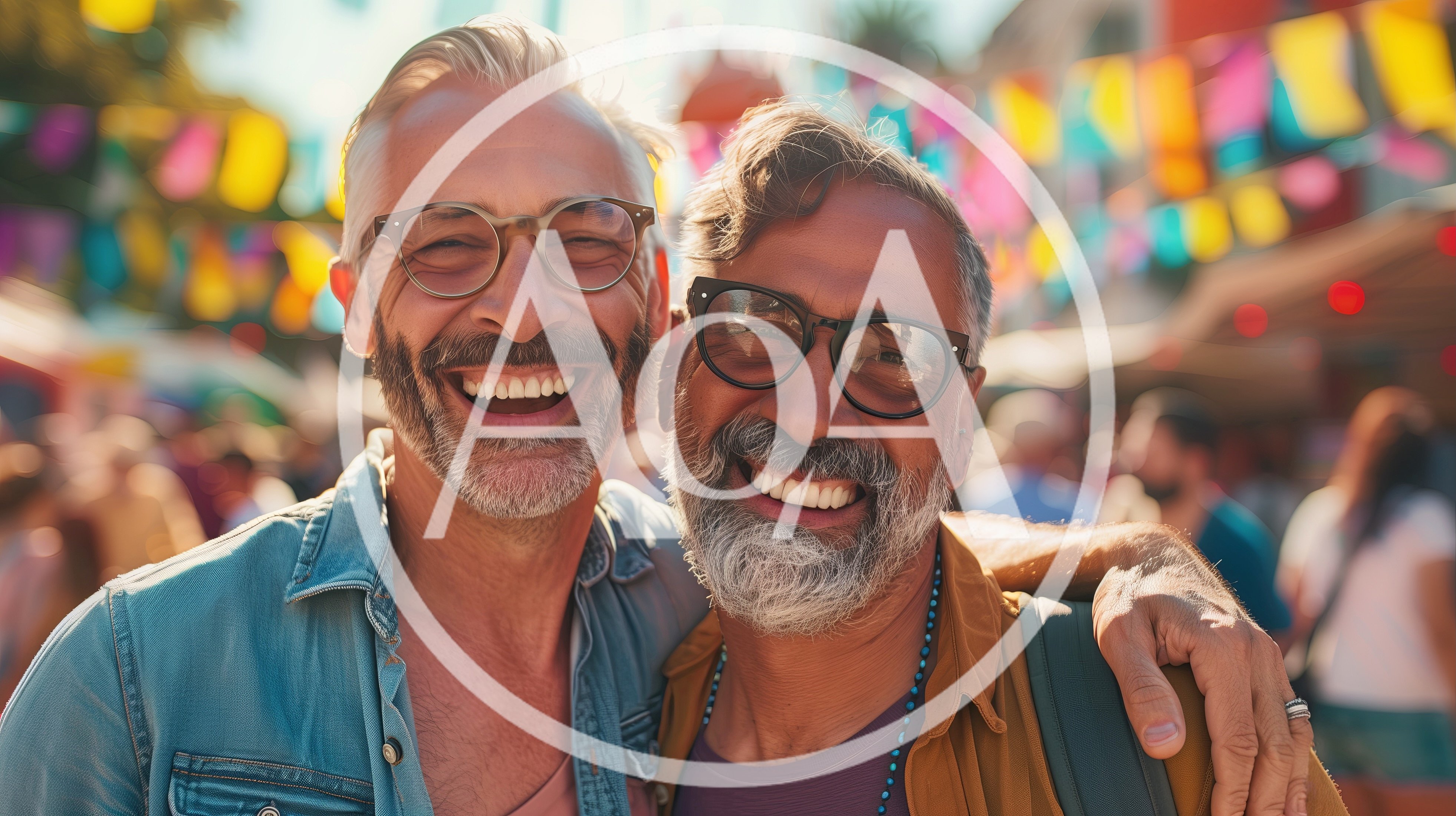 Two Middle Aged Men Smiling Together At A Festival