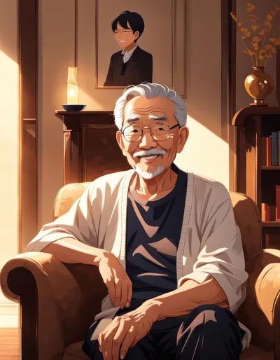 Elderly Asian Man Sitting In A Cozy Living Room