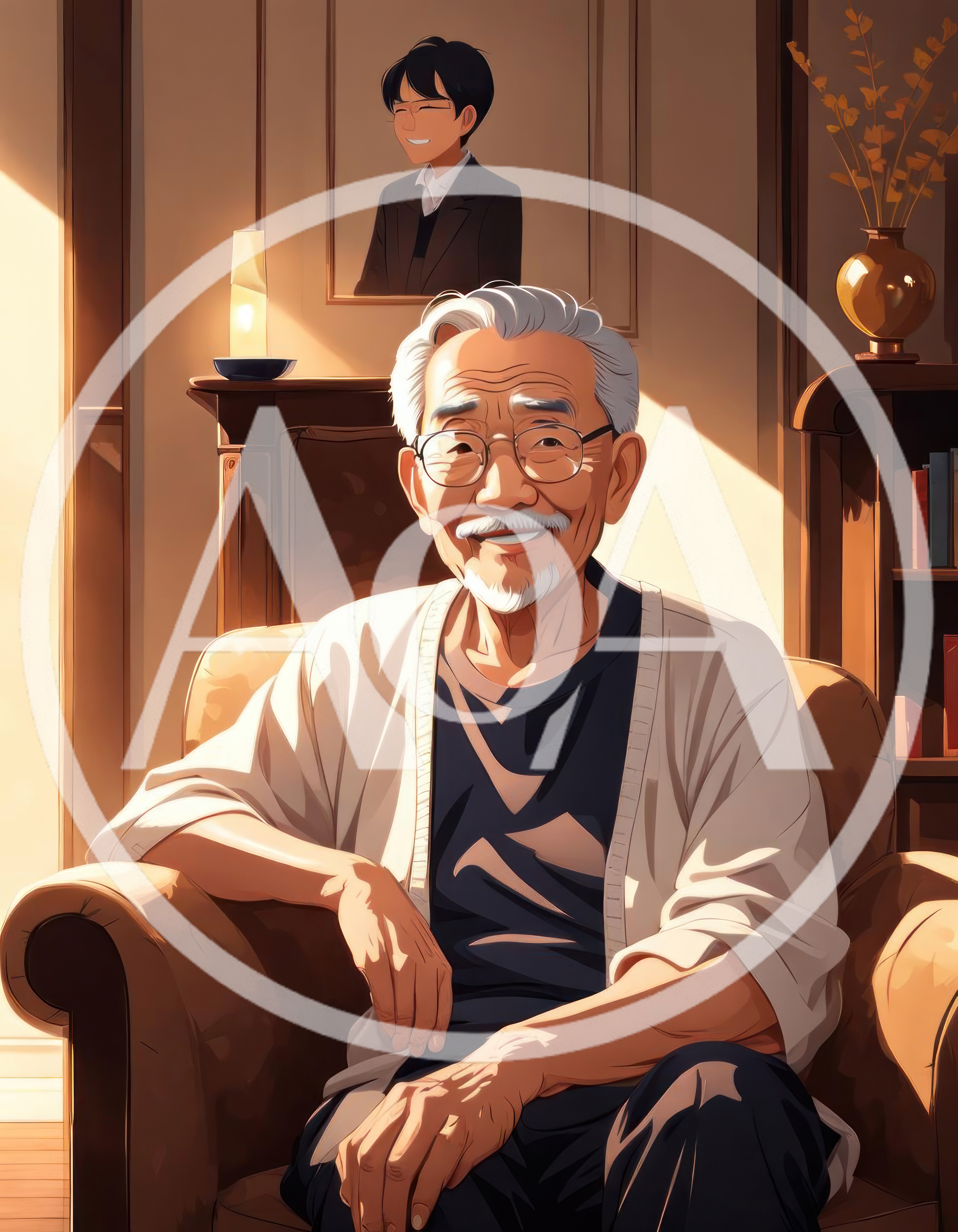 Elderly Asian Man Sitting In A Cozy Living Room