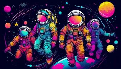 Four Astronauts Floating In Vibrant Neon Space