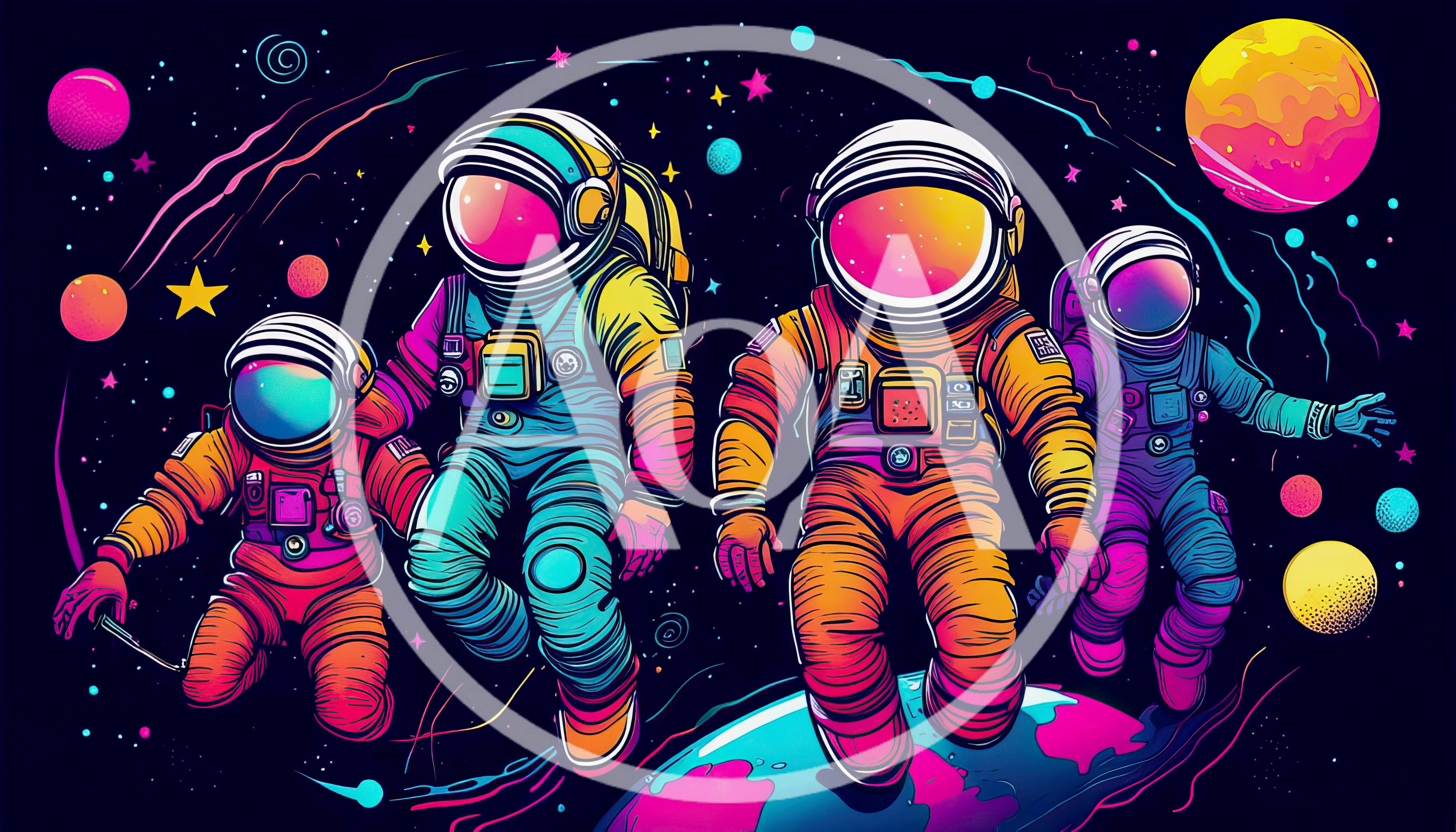 Four Astronauts Floating In Vibrant Neon Space