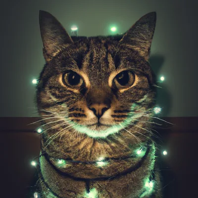 Tabby Cat Wrapped In Glowing Green Fairy Lights