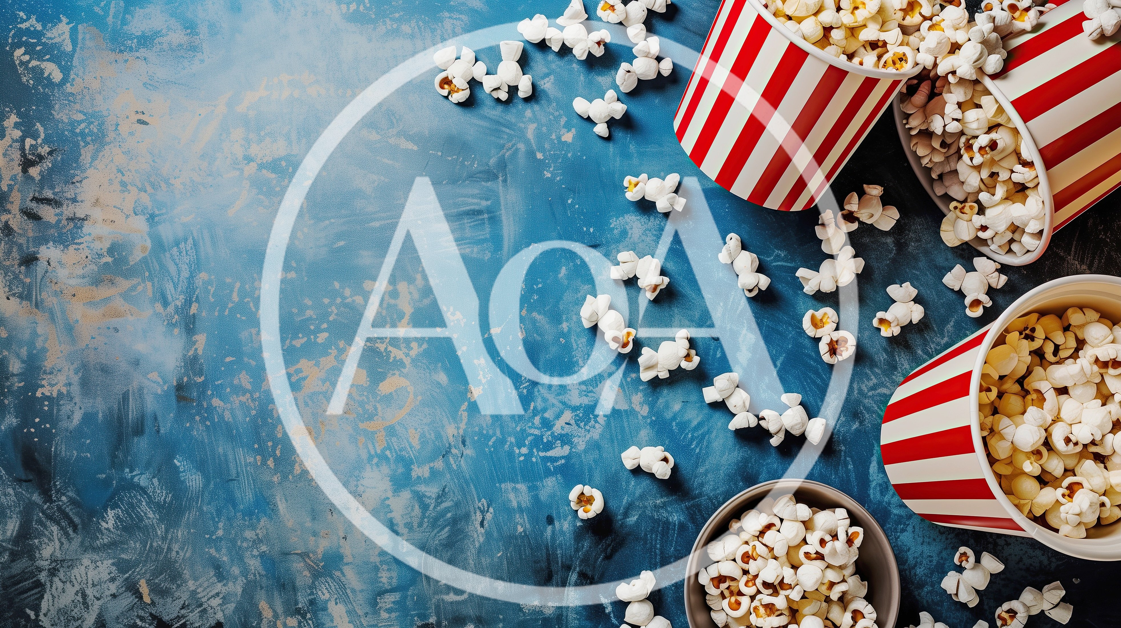 Popcorn Buckets and Scattered Kernels on Blue Background