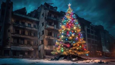 Illuminated Christmas Tree Amidst War Torn City Ruins