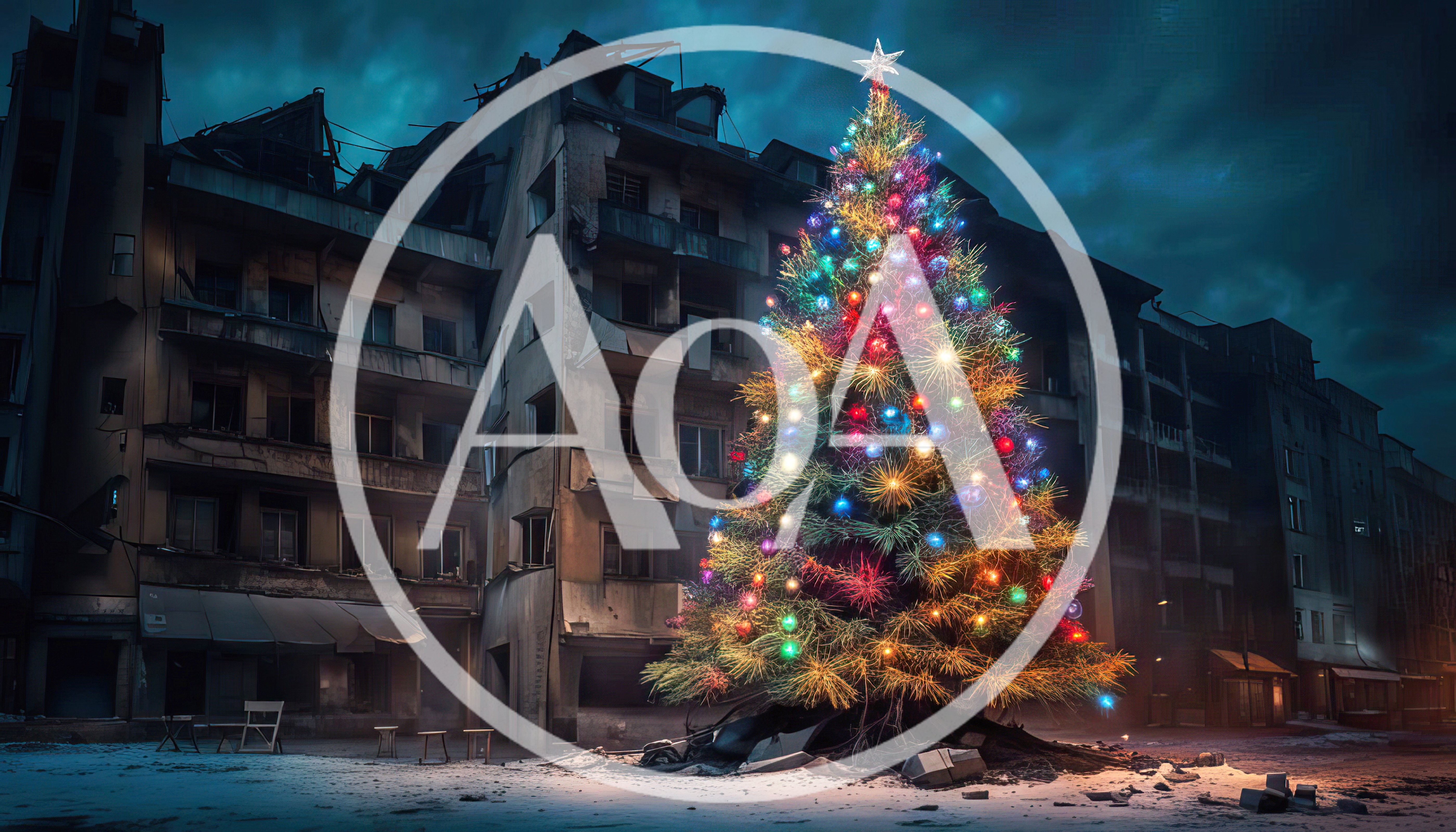 Illuminated Christmas Tree Amidst War Torn City Ruins