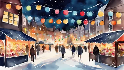 People Walking Through A Snowy European Christmas Market