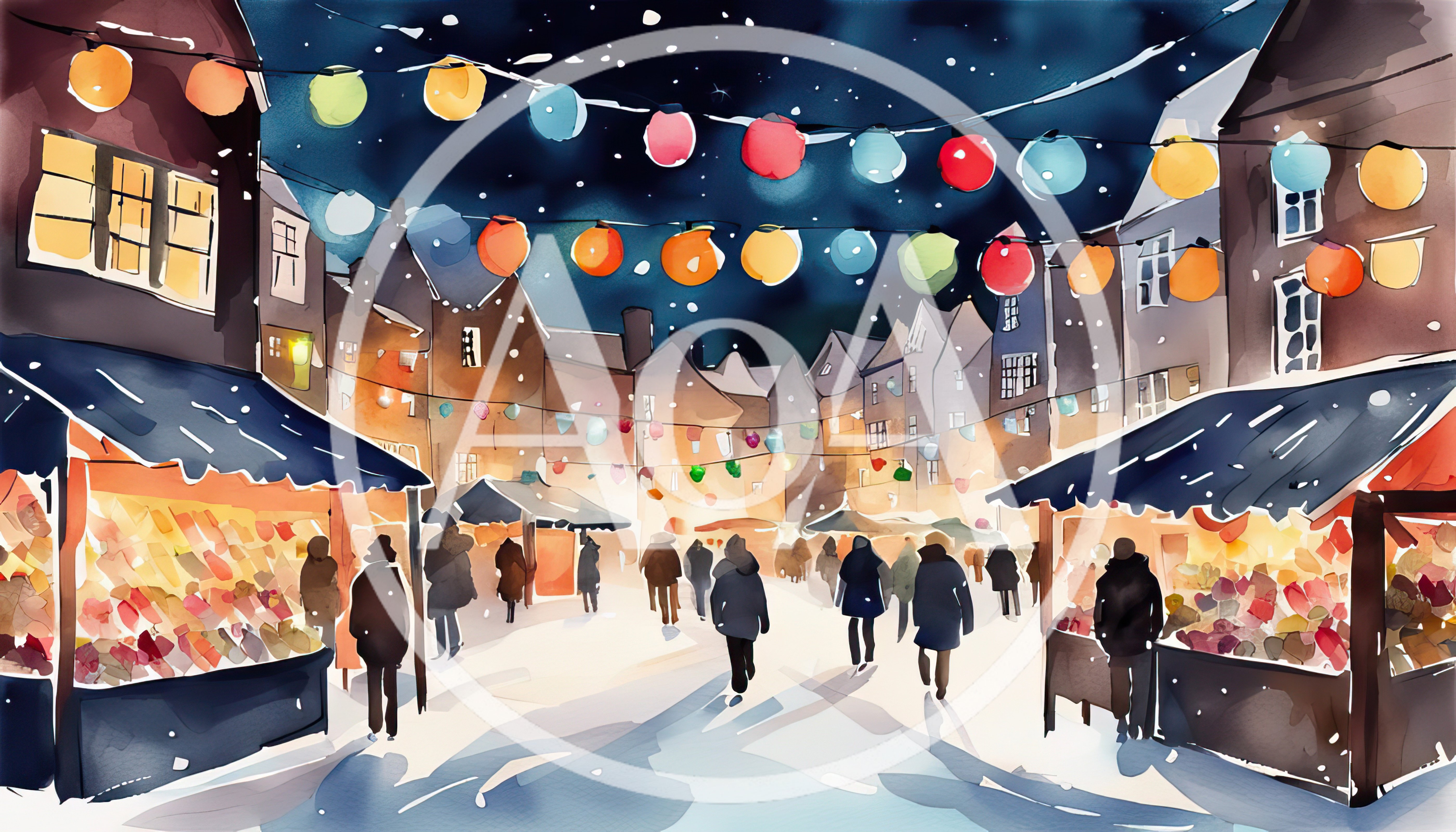 People Walking Through A Snowy European Christmas Market