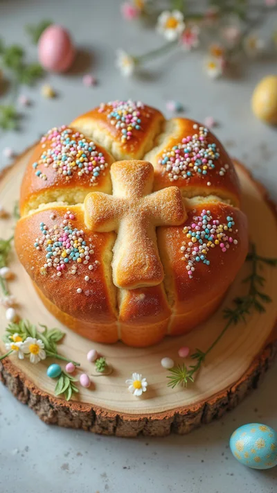 Traditional Easter Bread With Cross And Sprinkles