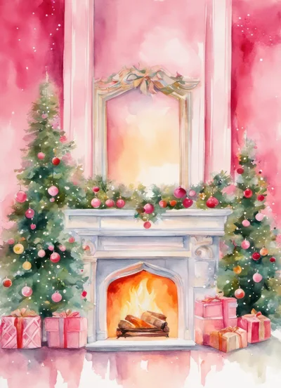 Watercolor Christmas Fireplace Scene With Decorated Trees And Gifts