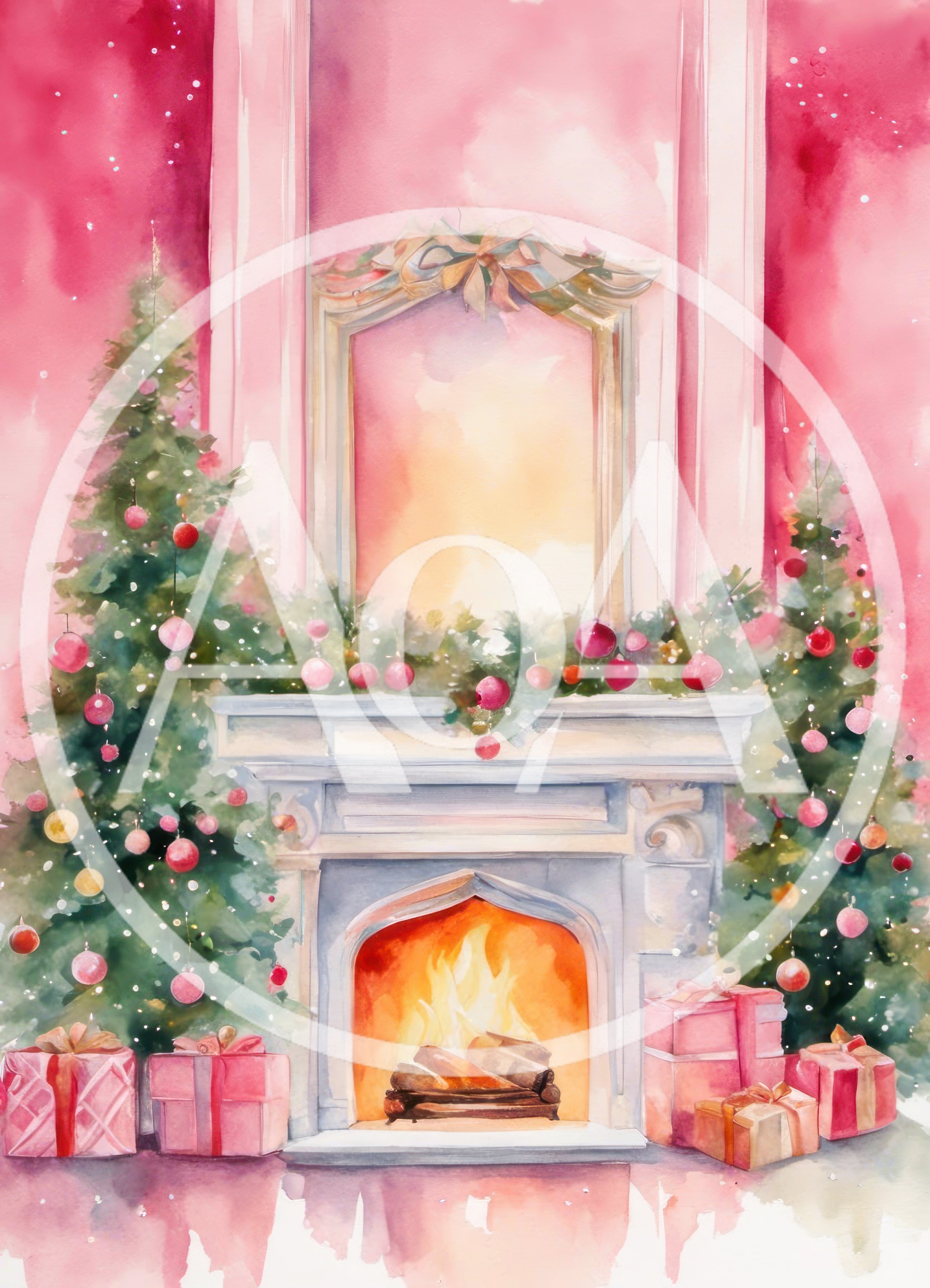 Watercolor Christmas Fireplace Scene With Decorated Trees And Gifts