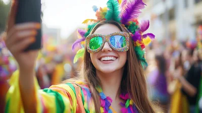 Young Woman Taking Selfie at Vibrant Carnival Parade