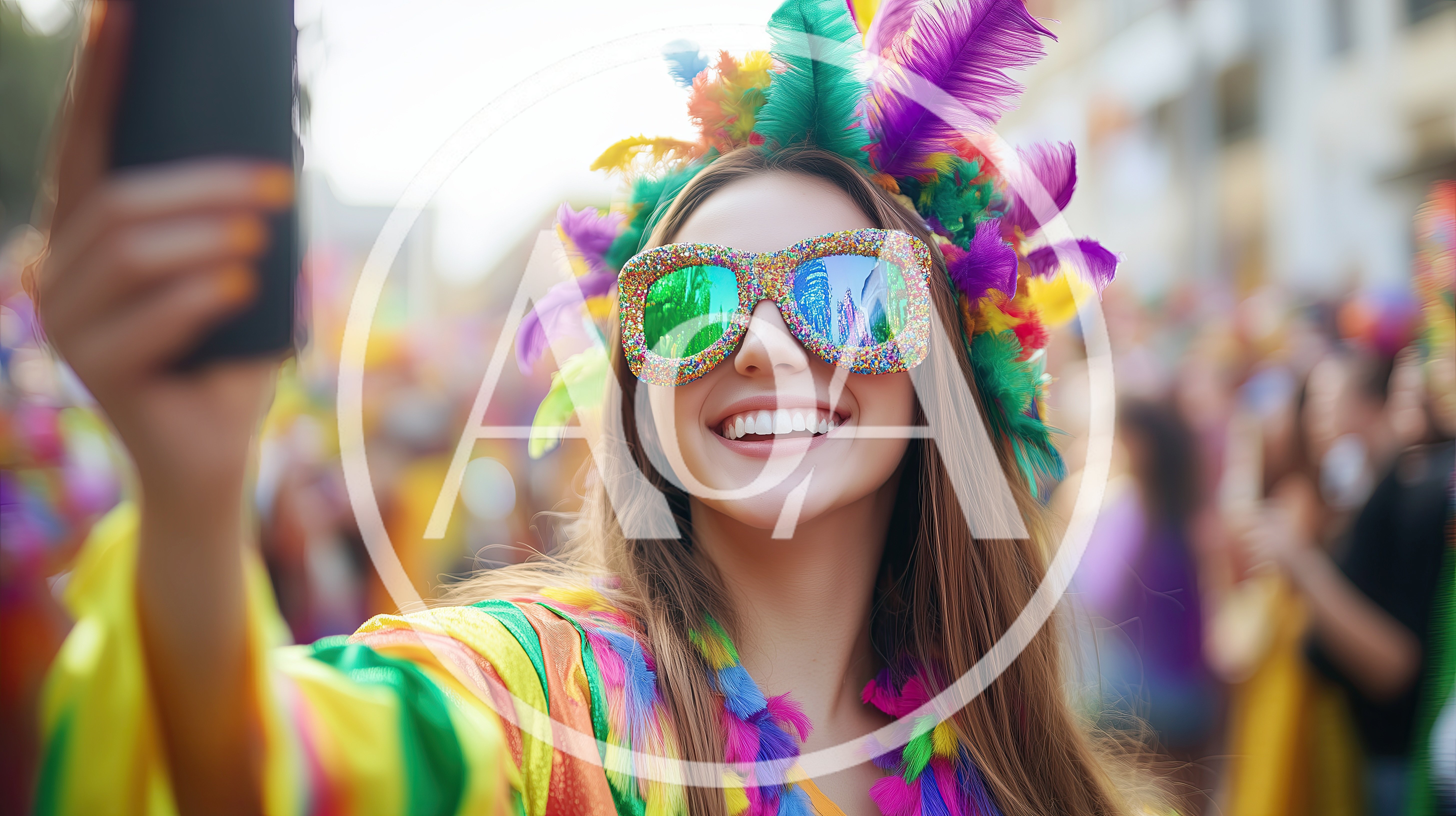 Young Woman Taking Selfie at Vibrant Carnival Parade