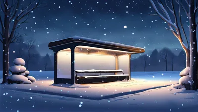 Illuminated Bus Stop In Snowy Winter Night